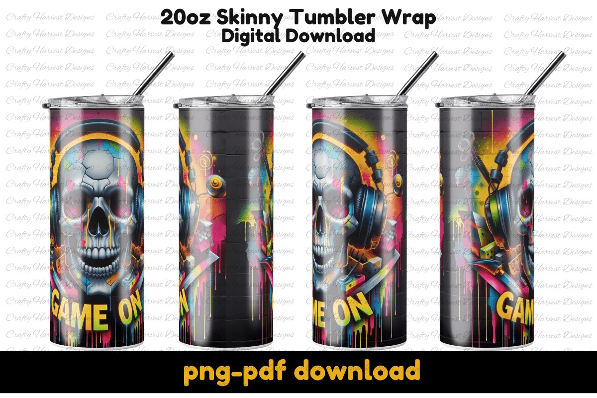Game On Skull 20oz Tumbler Wrap | Gamer Sublimation Digital Download