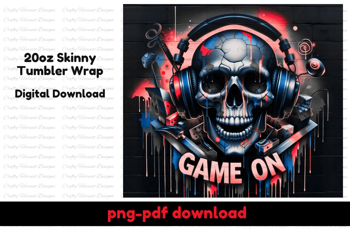 Game On Skull 20oz Tumbler Wrap | Gamer Sublimation Digital Download