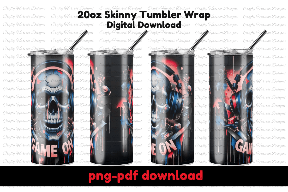 Game On Skull 20oz Tumbler Wrap | Gamer Sublimation Digital Download