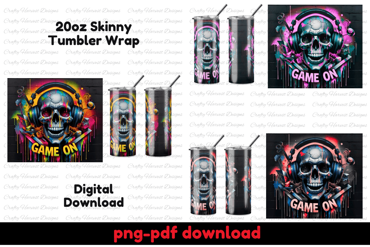 Game On Skull 20oz Tumbler Wrap | Gamer Sublimation Digital Download