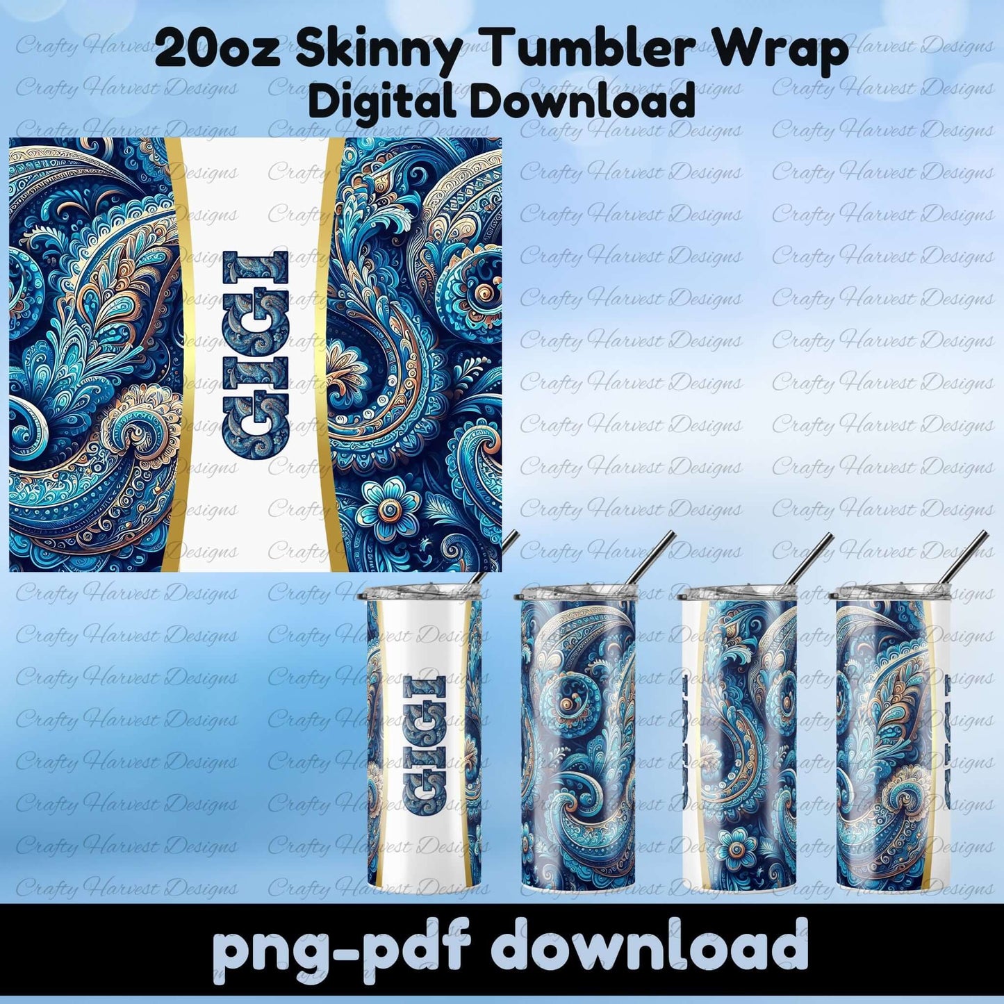 Blue paisley Mama tumbler wrap, 20oz skinny sublimation design
