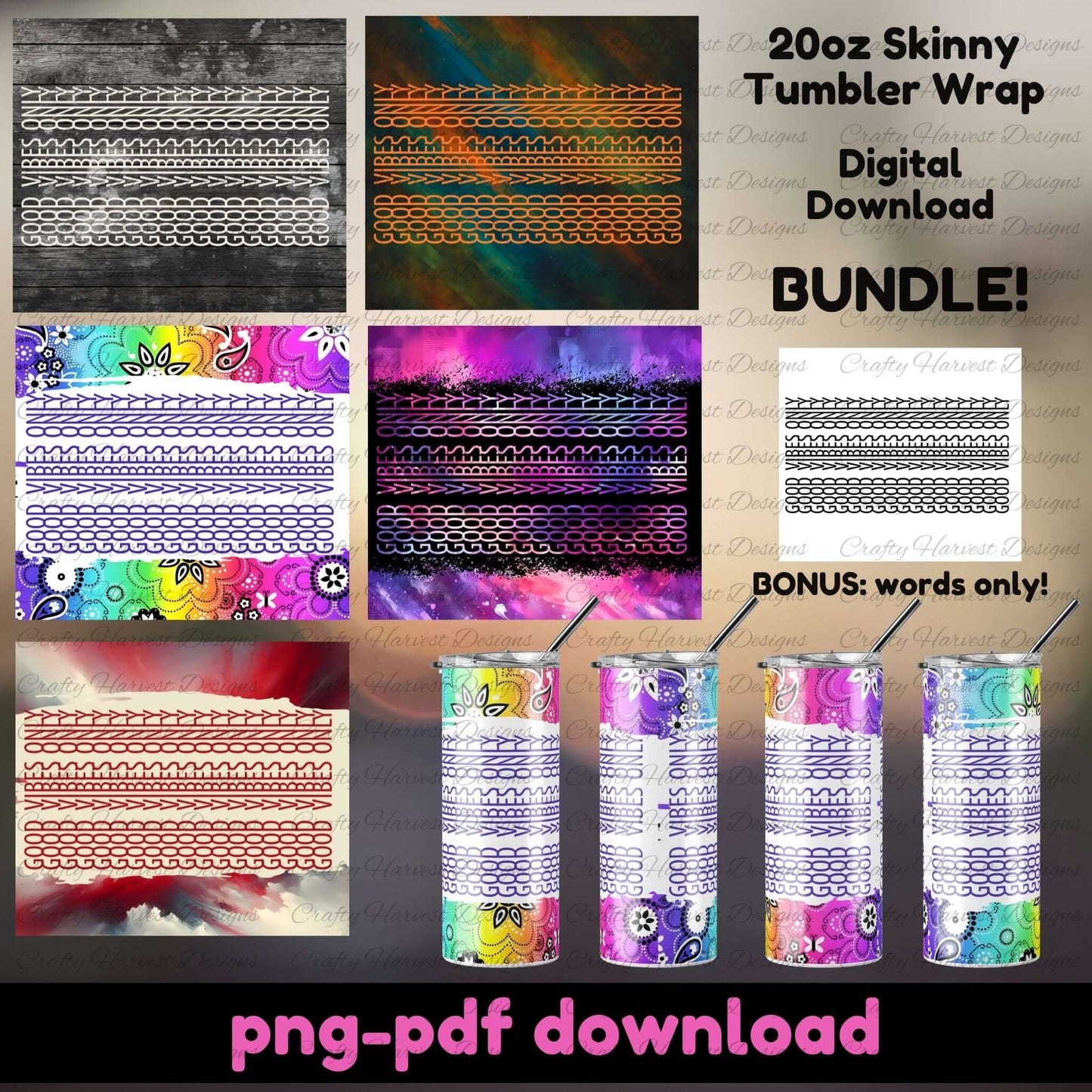 Collage of tumbler wrap designs with digital download options on a gray background.
