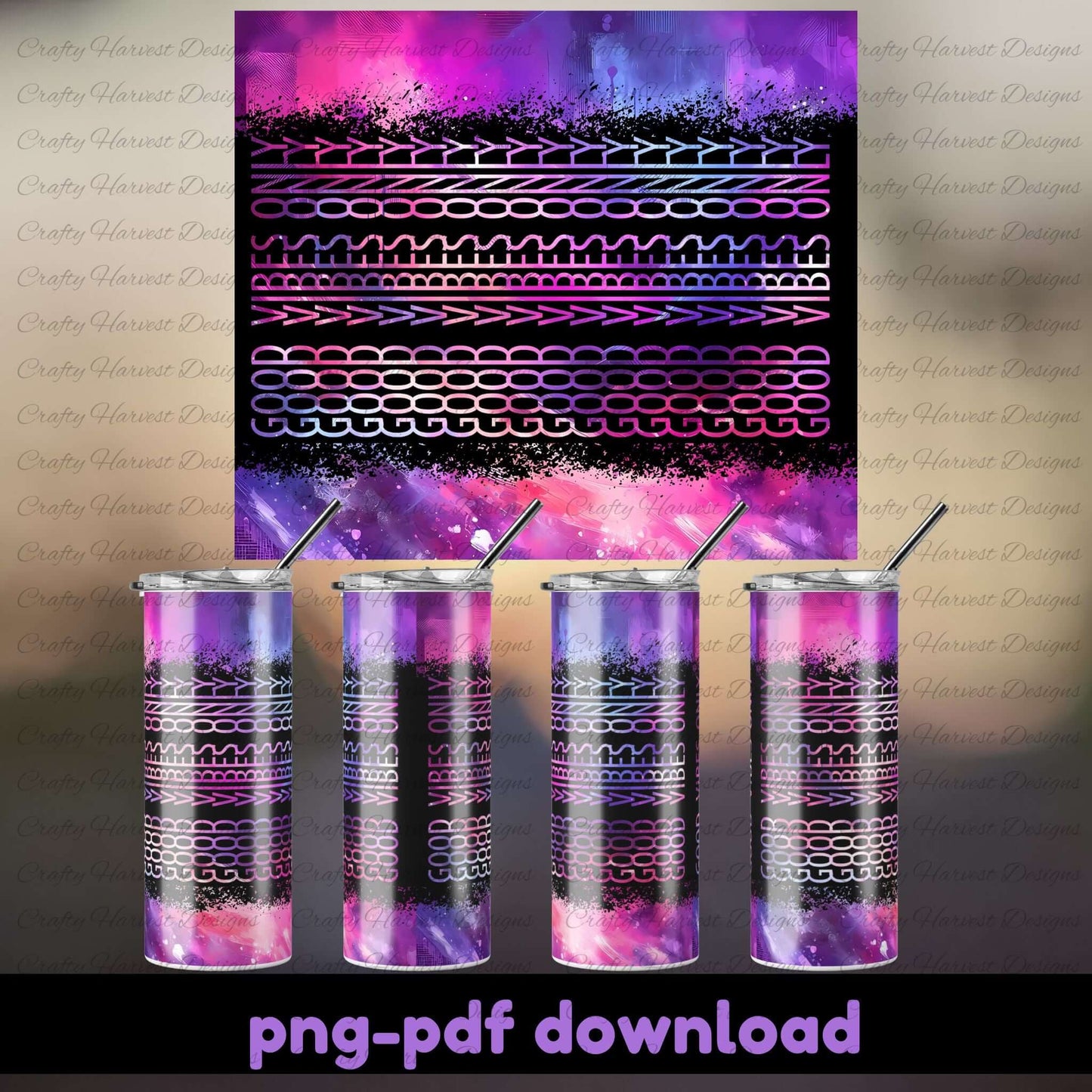 Set of tumblers with geometric pattern and purple gradient, matching a printed design on a canvas.