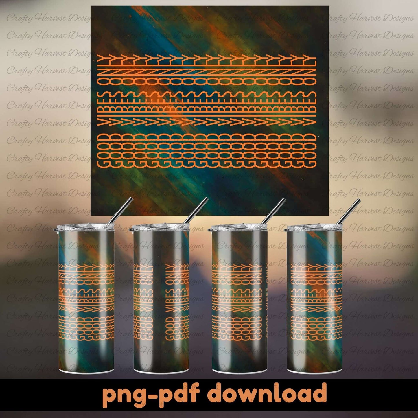 Metallic tumblers with a geometric pattern on a matching background, featuring 'Crafty Harvest Designs' branding.