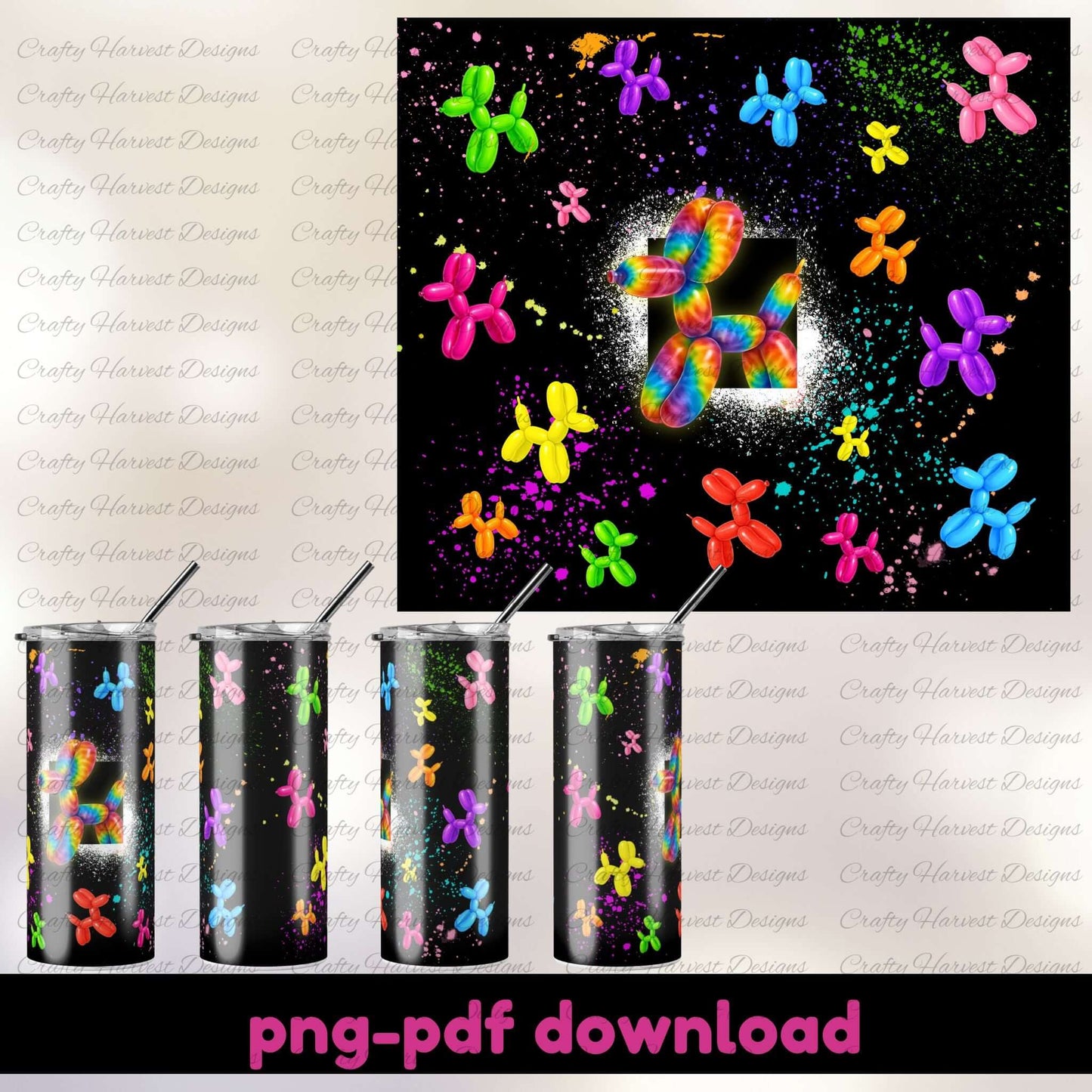 Colorful balloon dog design on a black background with tumblers featuring the same design.