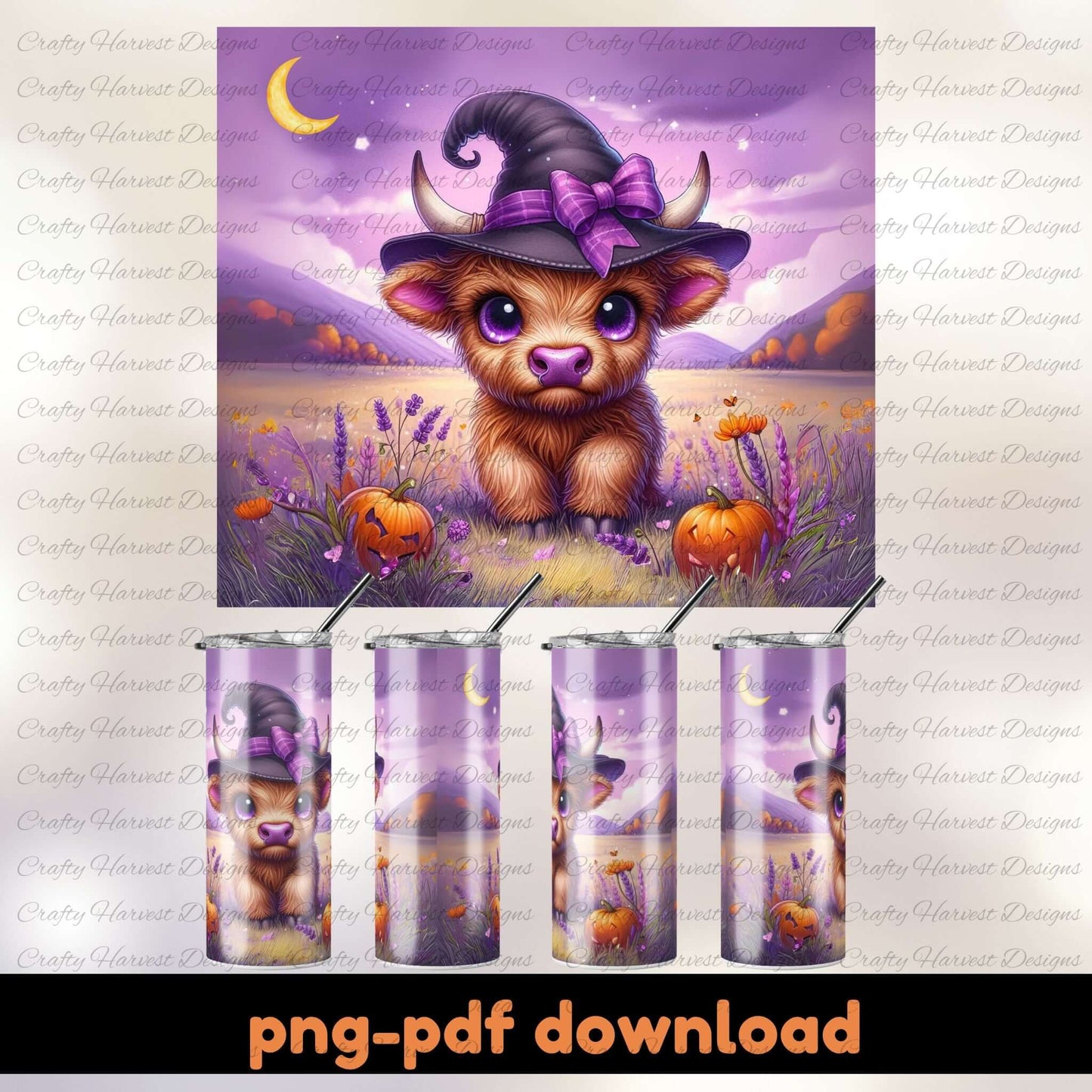 Cute cow in a witch hat with pumpkins and lavender, surrounded by tumblers with the same design.