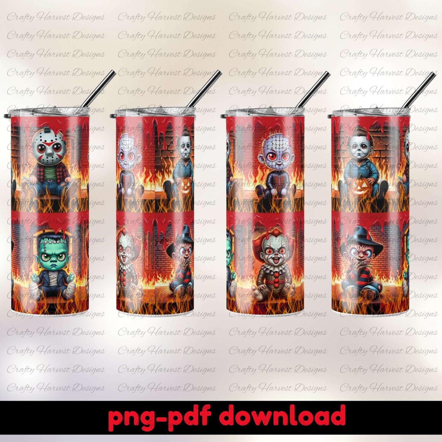 Four tumblers with horror-themed designs on a white background, featuring characters like Jason Voorhees and Freddy Krueger.