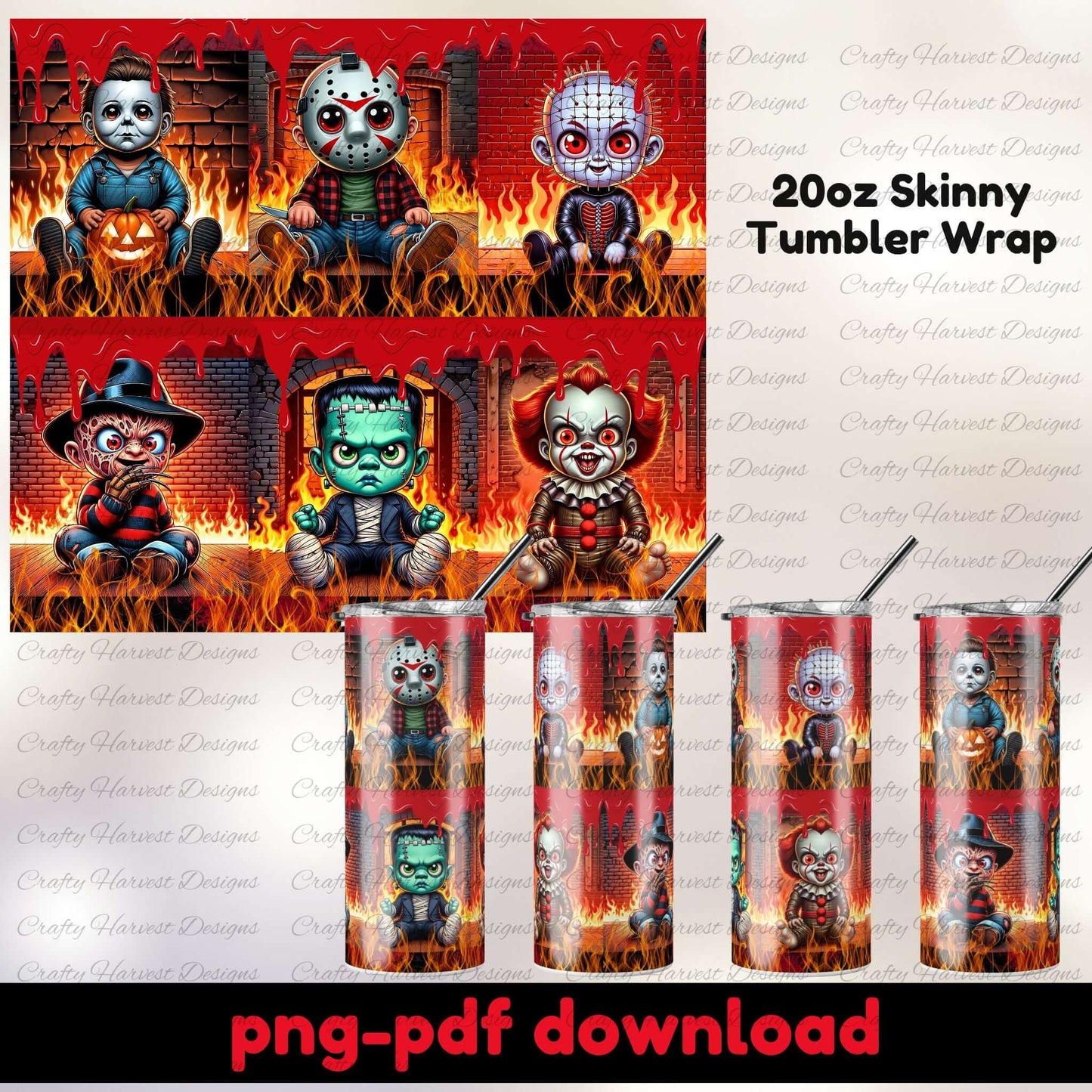 Tumbler wrap design with horror-themed characters on a red background, featuring 20oz skinny tumblers.
