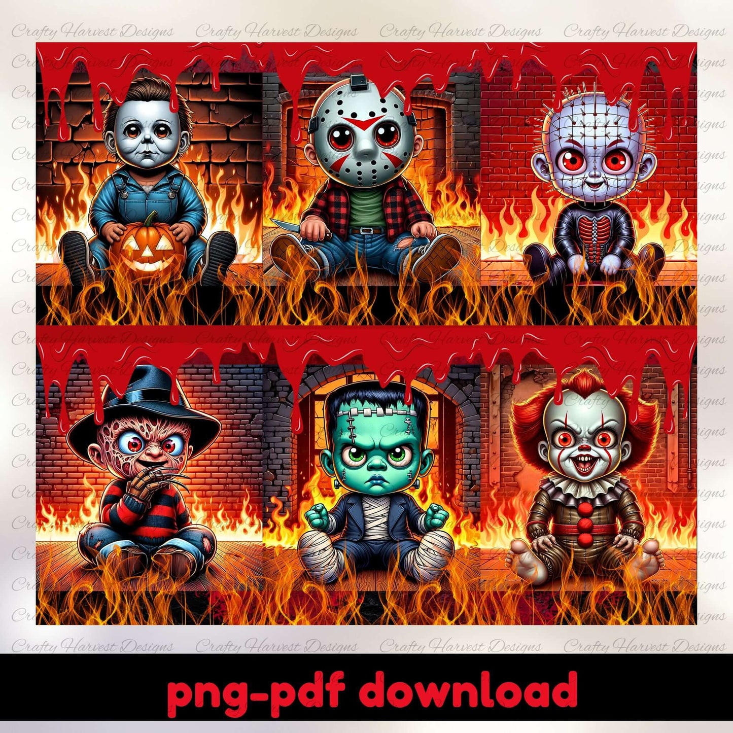 Five animated characters in a fiery, urban setting with text 'png-pdf download'.