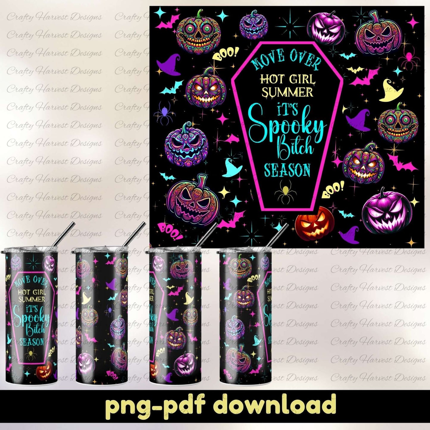 Halloween-themed tumbler design with colorful pumpkins and text, featuring a coffin-shaped frame.