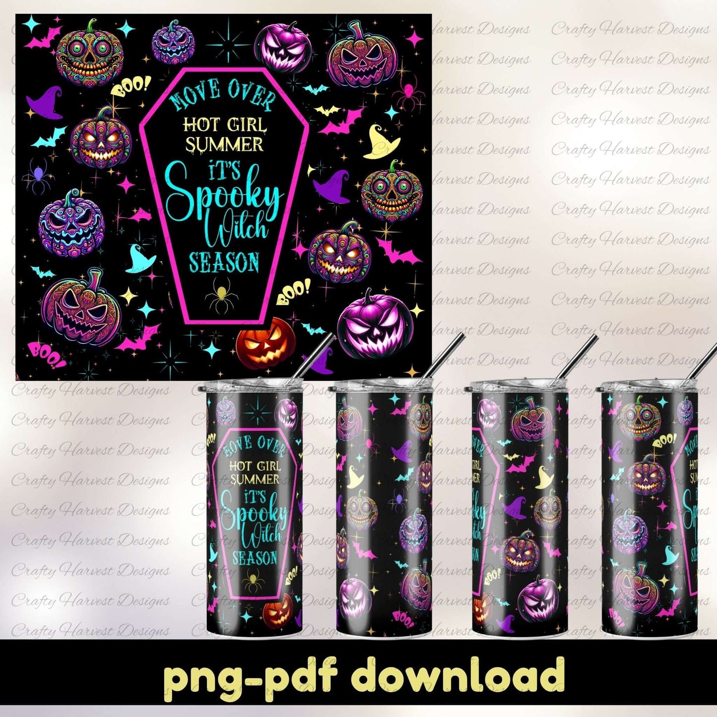 Halloween-themed tumbler design with pumpkins and text on a black background, featuring a PNG and PDF download option.
