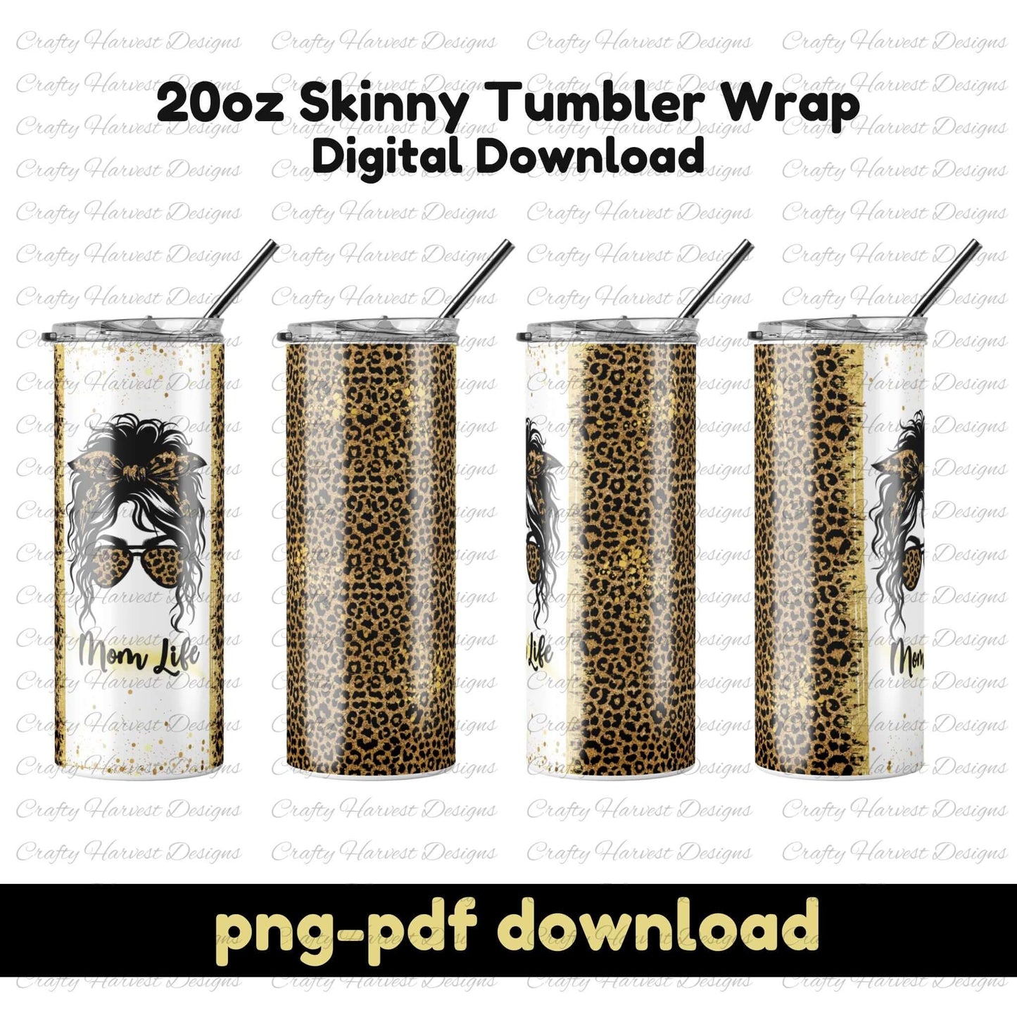 Three tumbler mockups with leopard print and Mom Life messy bun design, sublimation wrap