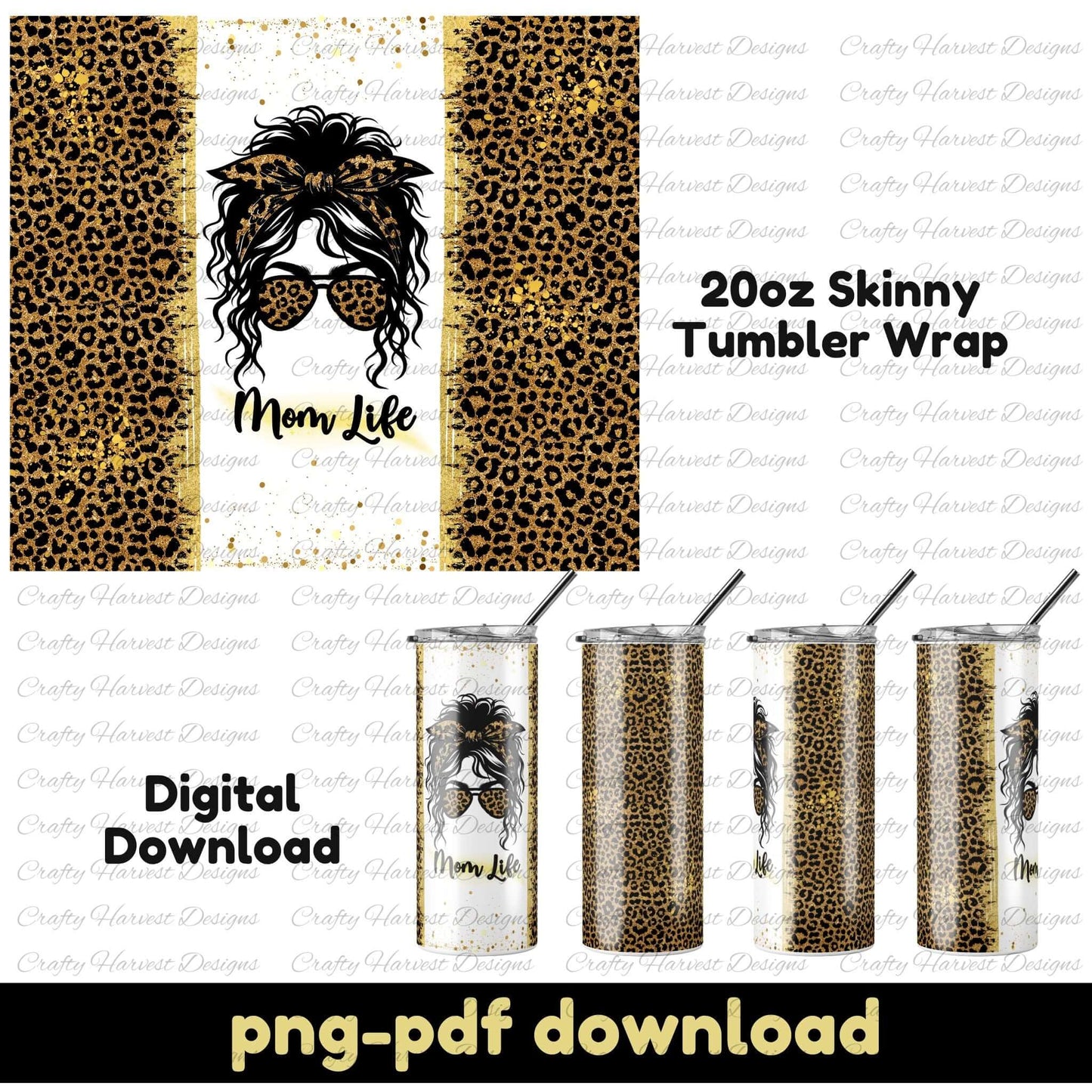 Leopard print tumbler wrap with messy bun and sunglasses, Mom Life theme, PNG file