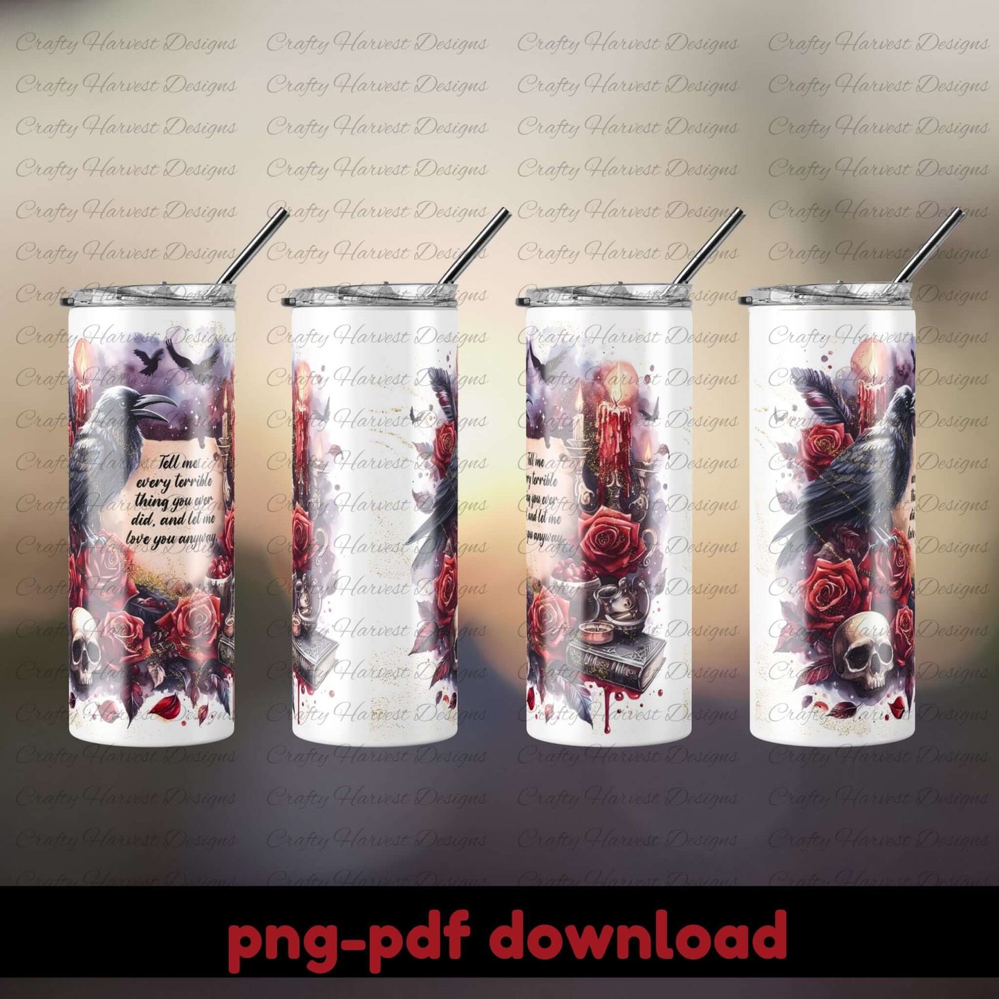 Four tumblers with artistic designs and text on a gray background,