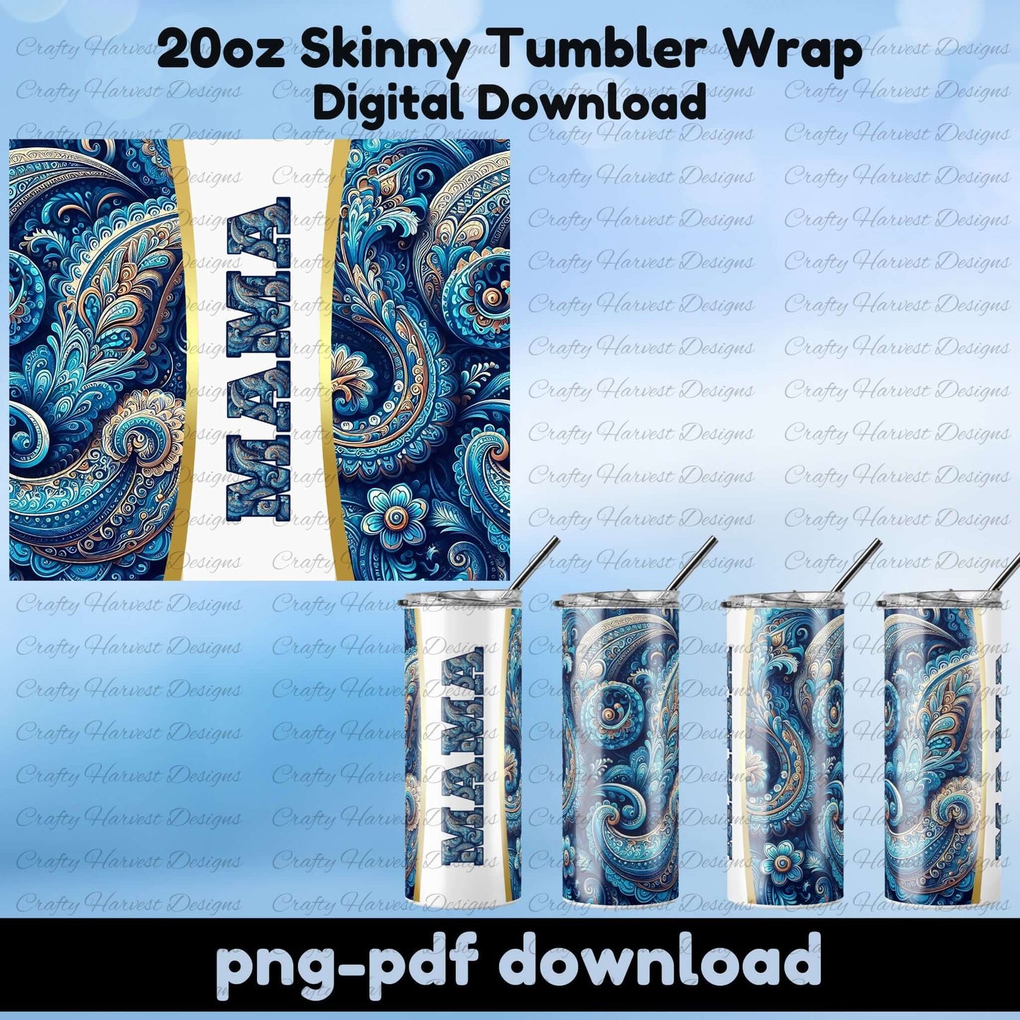 Blue paisley Nana tumbler wrap, 20oz skinny sublimation design