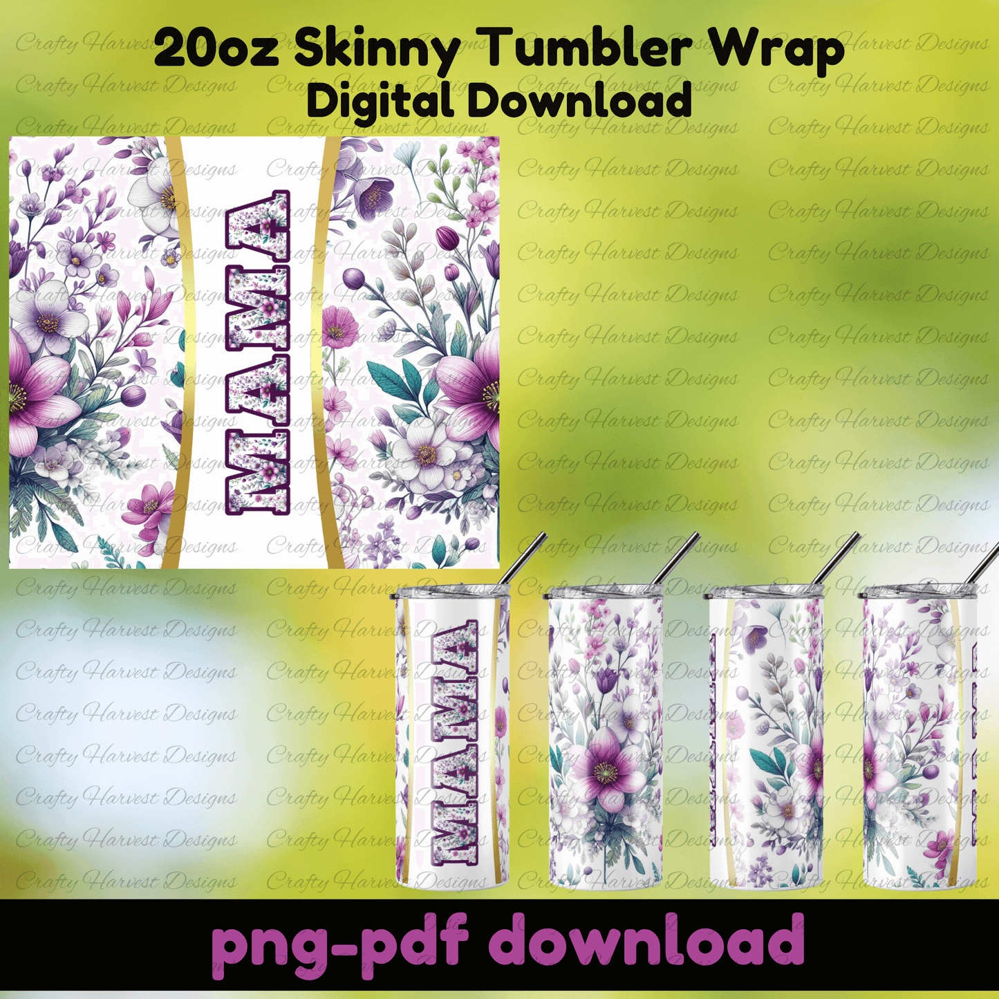 Floral Mom tumbler wrap, green background with pink and purple flowers, 20oz skinny sublimation