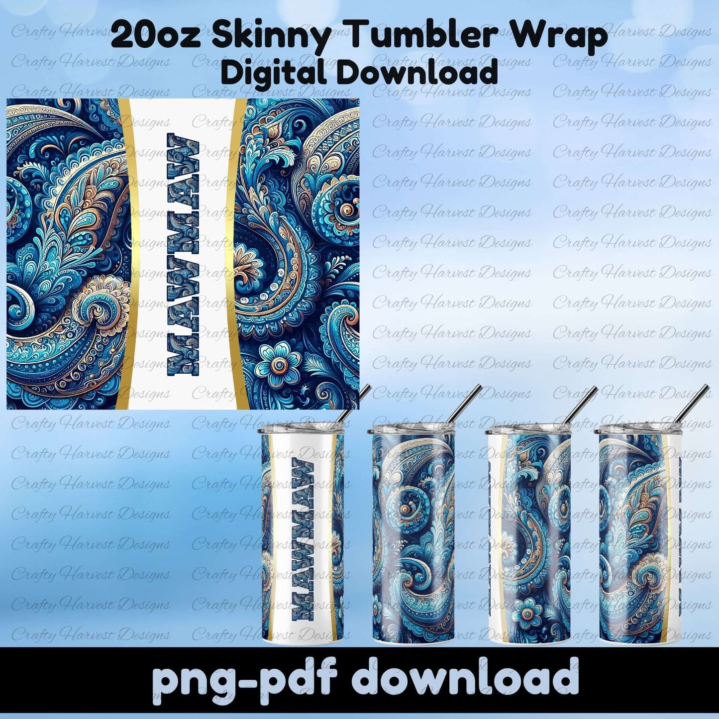Blue paisley Papa tumbler wrap, 20oz skinny sublimation design