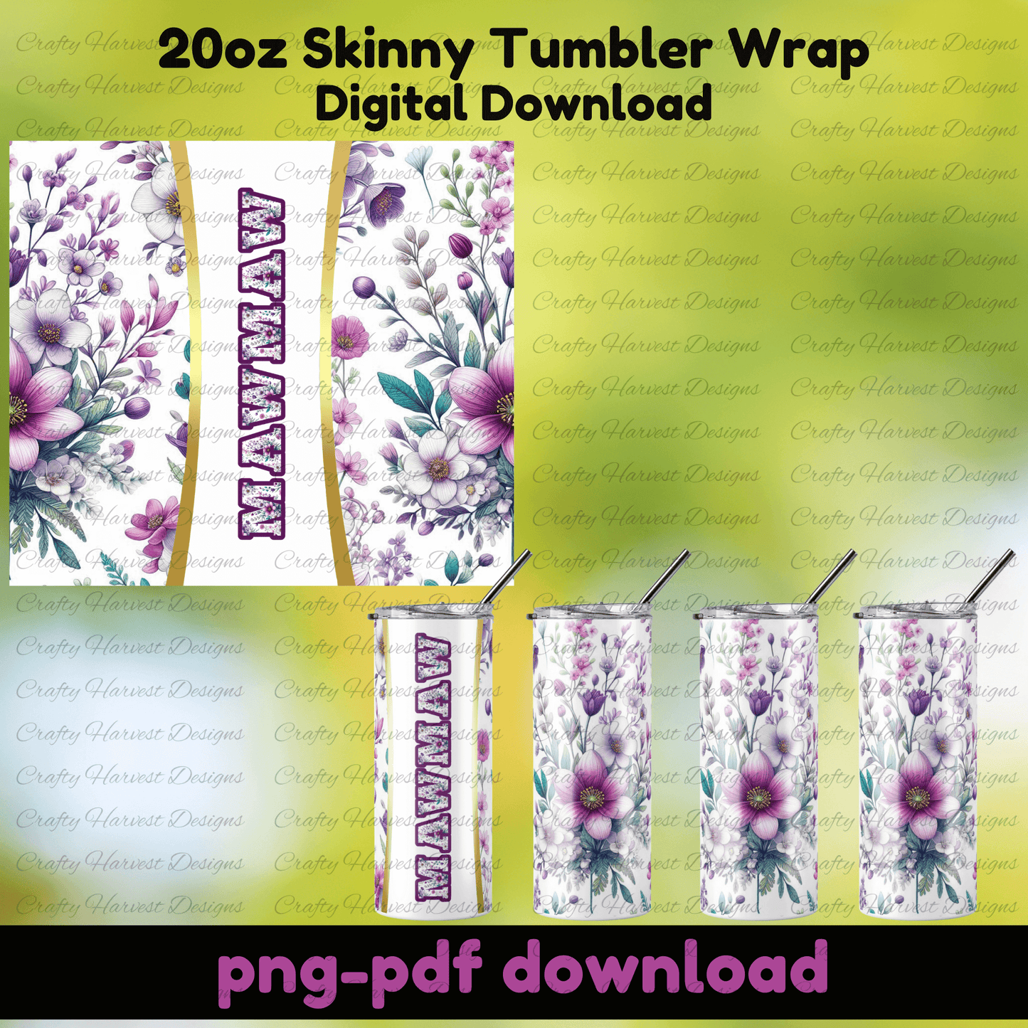 Floral Gigi tumbler wrap, pastel flower design, green background, 20oz sublimation
