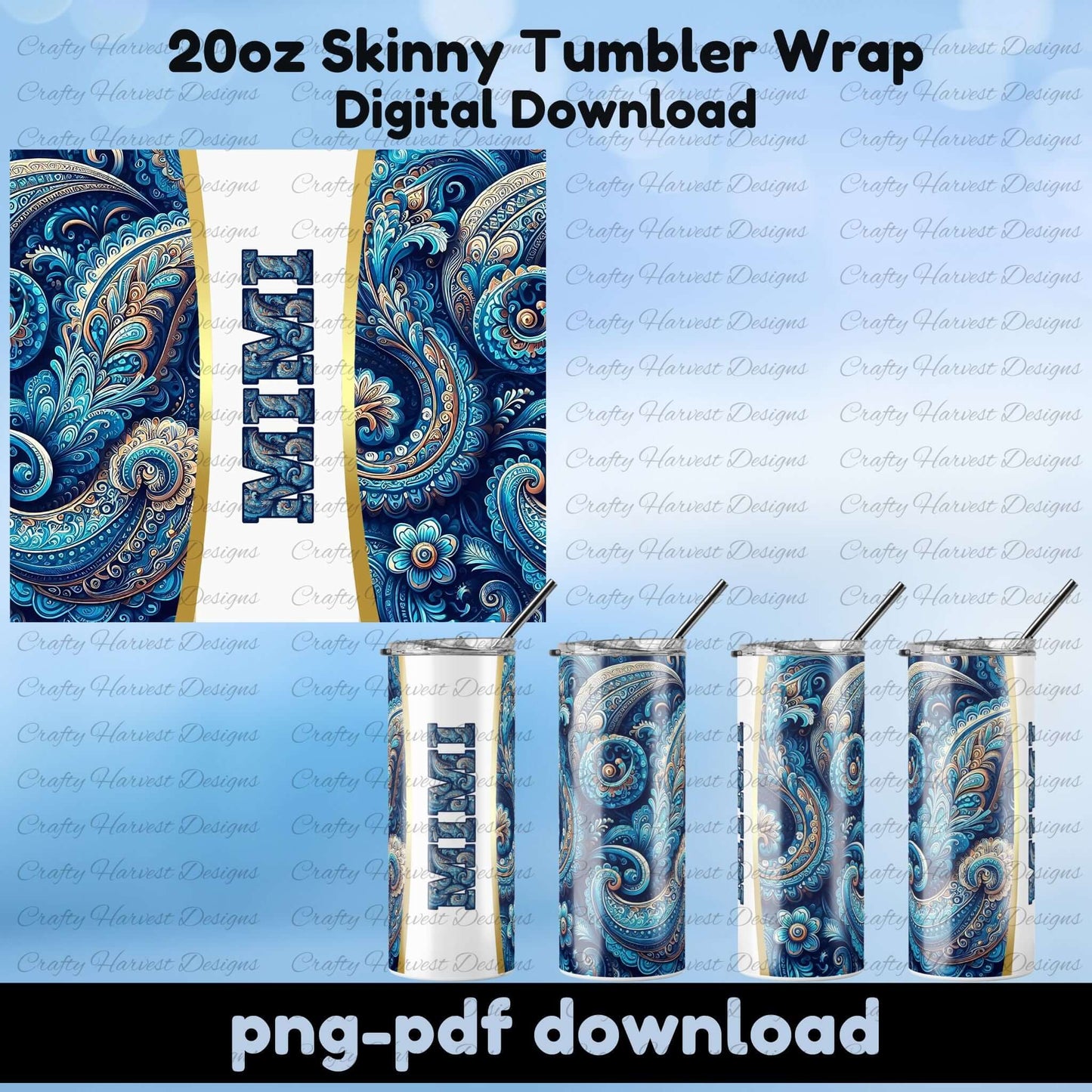 Blue paisley Mimi tumbler wrap, 20oz skinny sublimation design