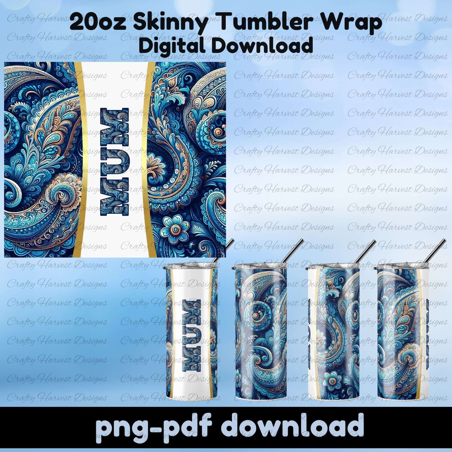 Blue paisley Gigi tumbler wrap, 20oz skinny sublimation design