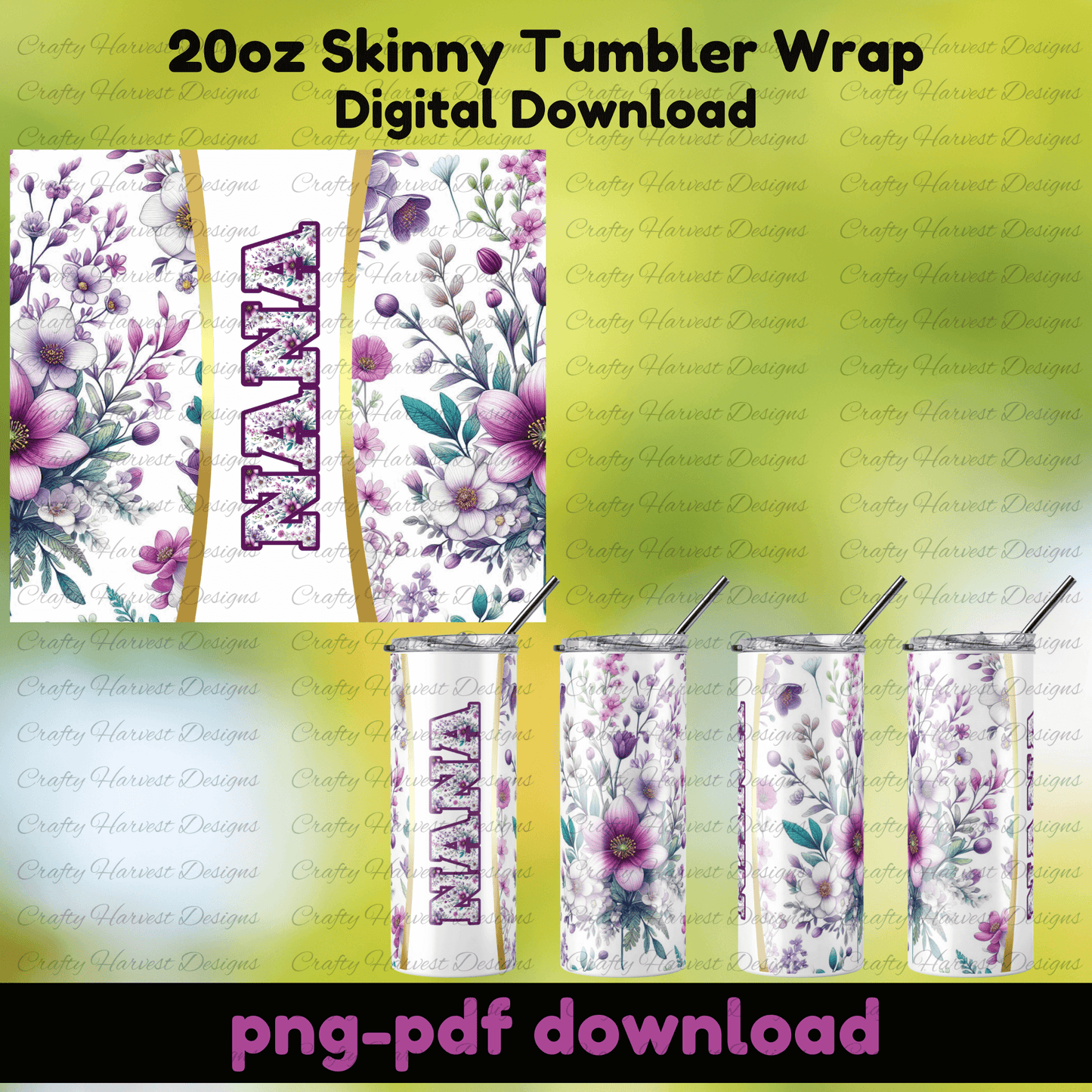 Floral Grandma tumbler wrap, whimsical flower graphics, 20oz sublimation