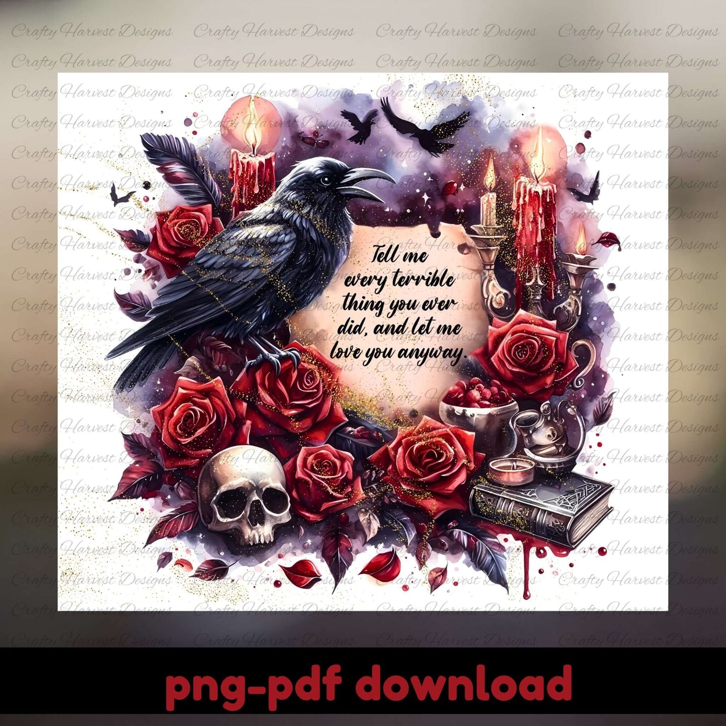Gothic-themed design with a crow, roses, skull, and candles on a white background.