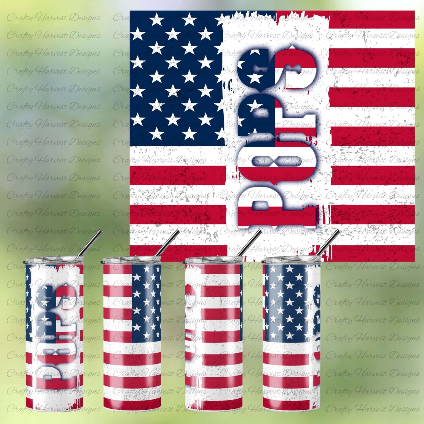 POPS tumbler wrap with distressed American flag design, shown flat and wrapped on 20oz skinny tumblers from multiple angles, digital PNG and PDF files.
