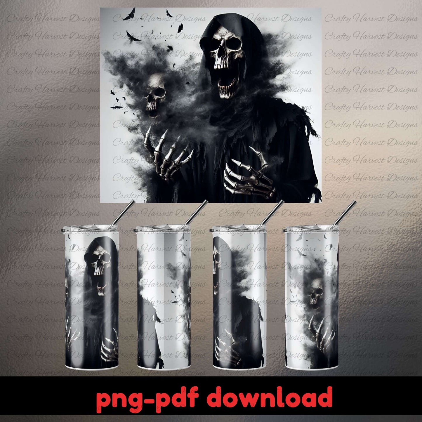 Set of tumblers with a grim reaper design on a gray background, featuring the brand 'Crafty Harvest Designs'.