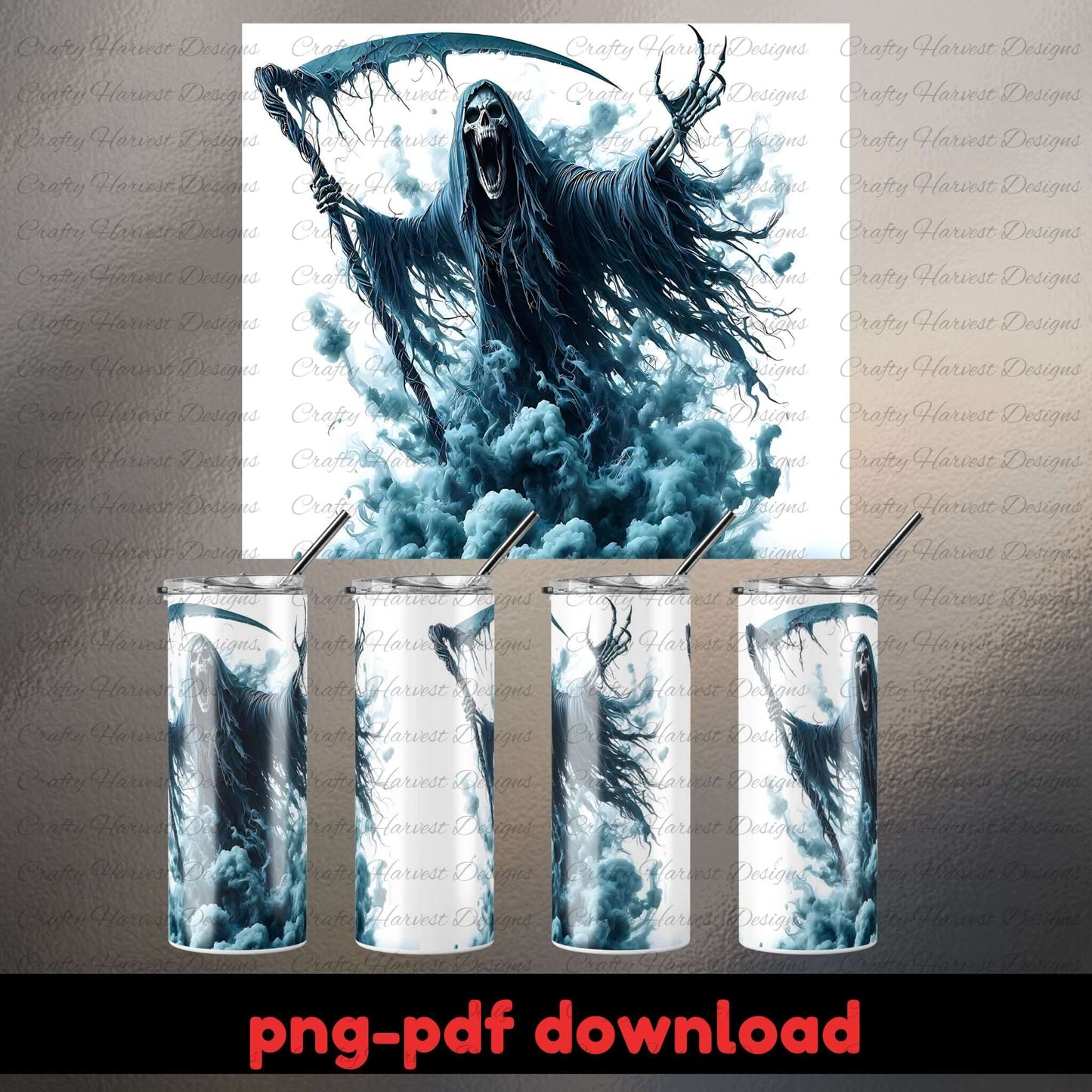 Tumblers with a design of a ghostly figure holding a scythe against a cloudy sky, with 'png-pdf download' text at the bottom.