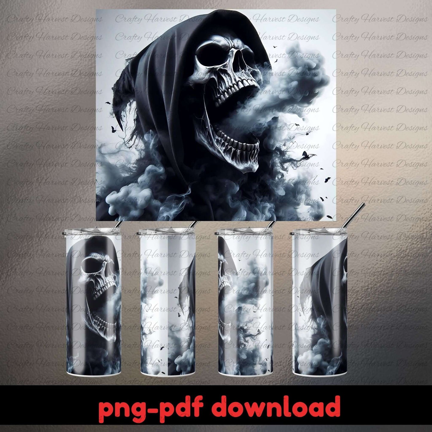 Skeletal design on a canvas with matching tumblers featuring the same design.