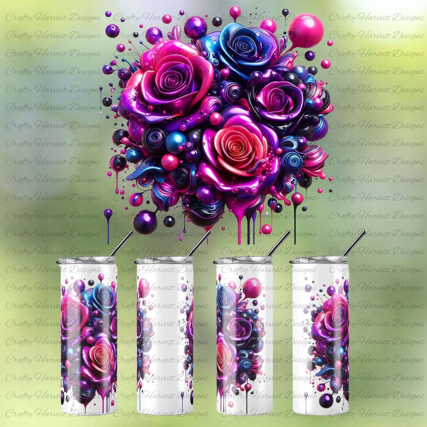Colorful rose design on tumblers with a green background