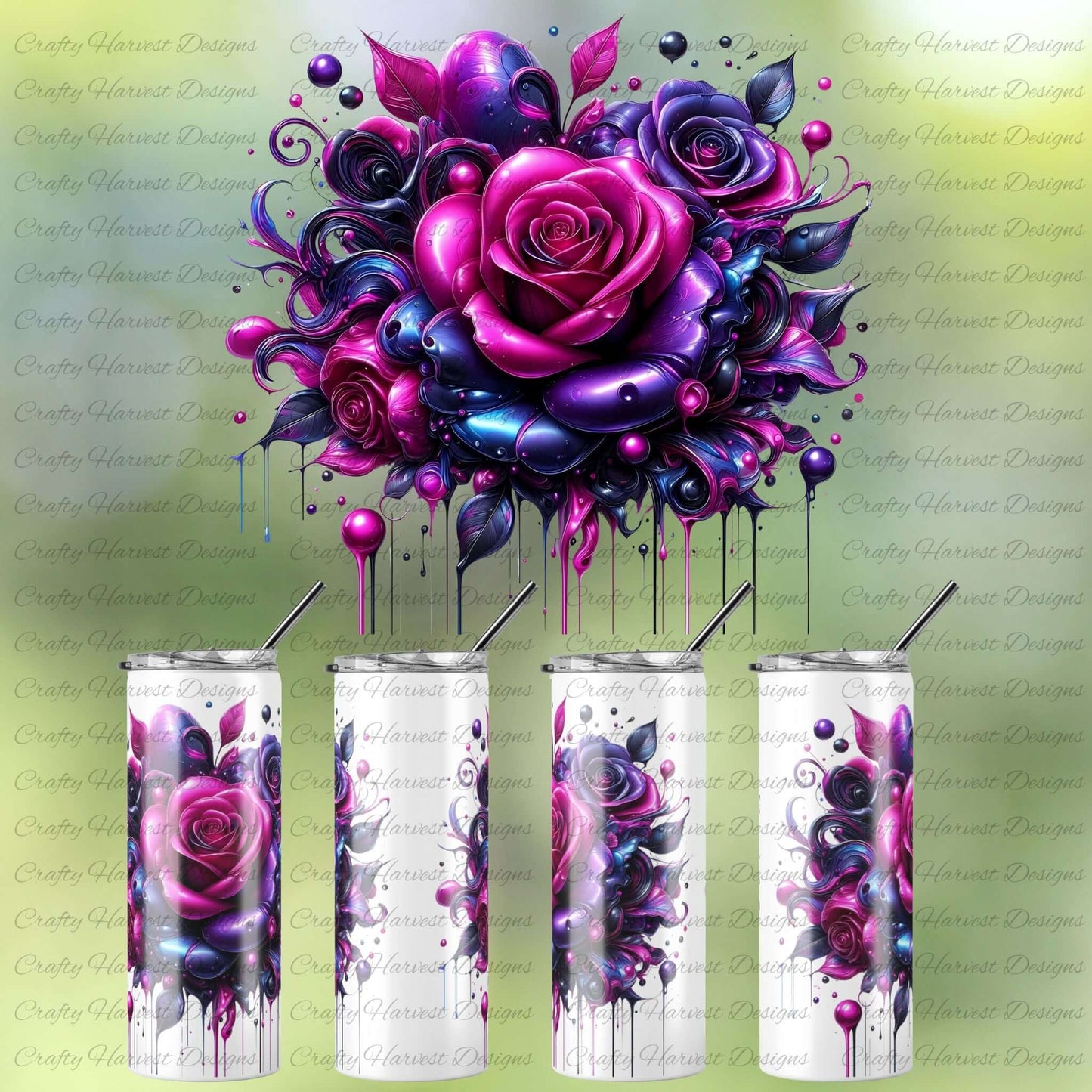 Colorful floral design on tumblers with straws against a green background