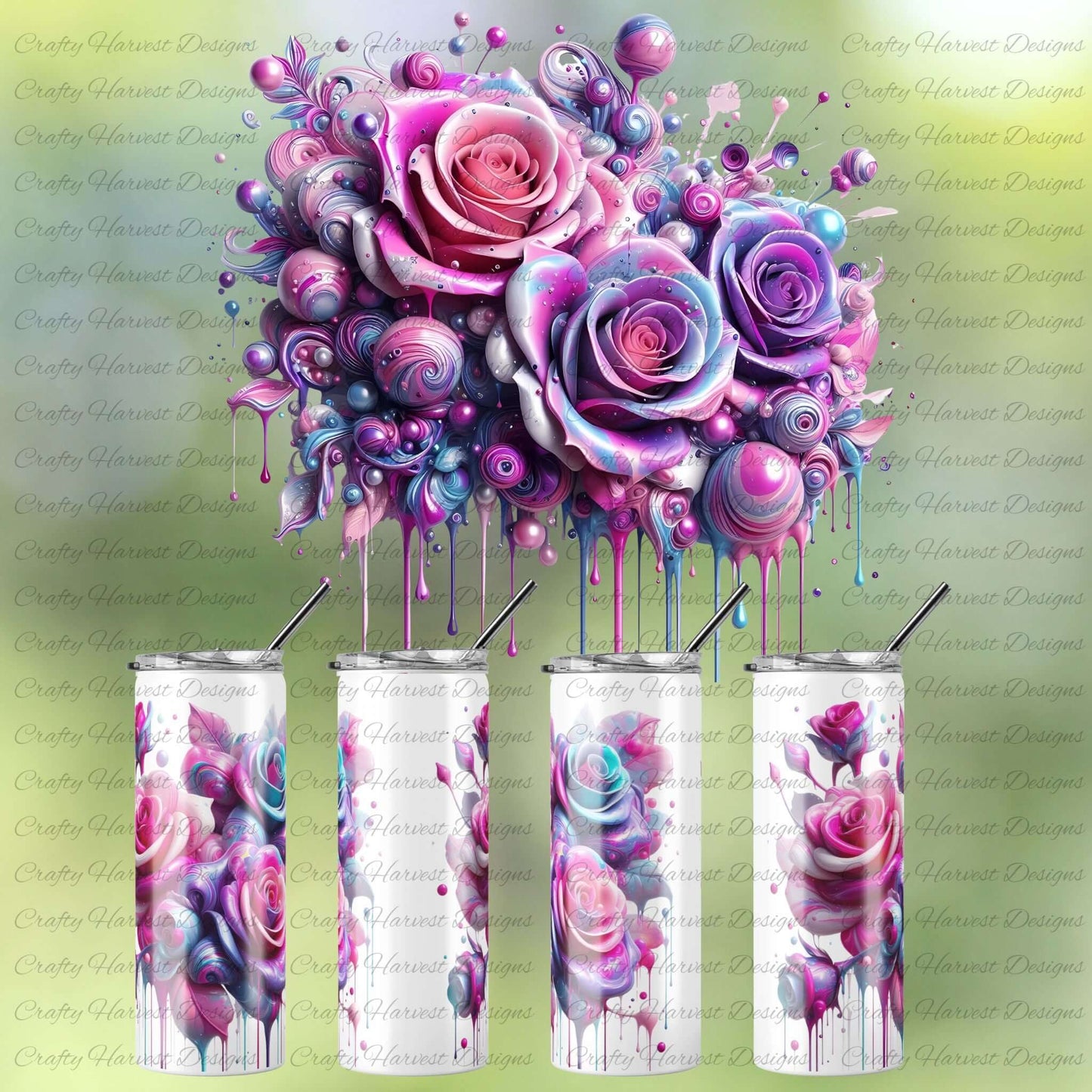 Set of four tumblers with colorful rose design on a green background
