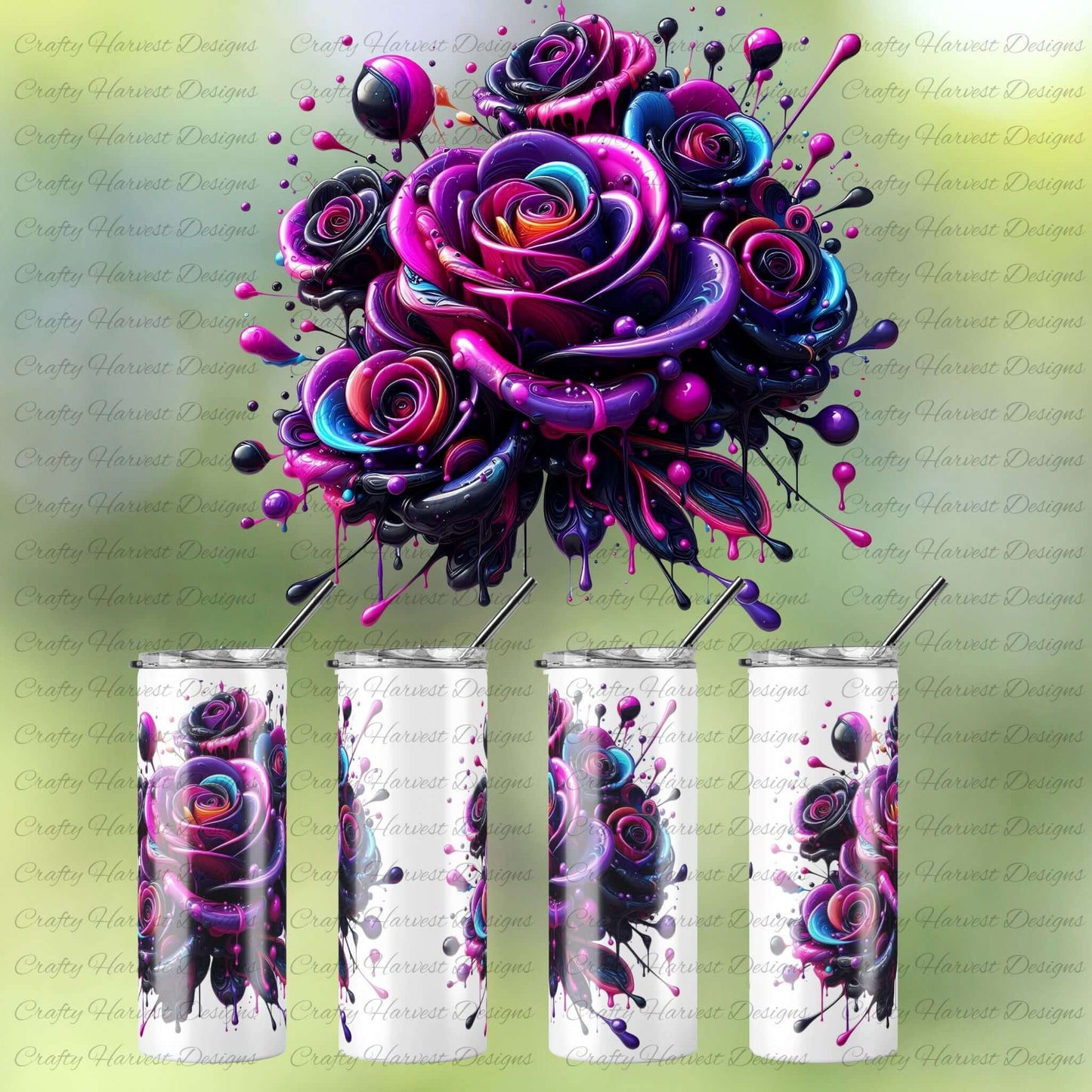 Colorful rose design on tumblers with a green background