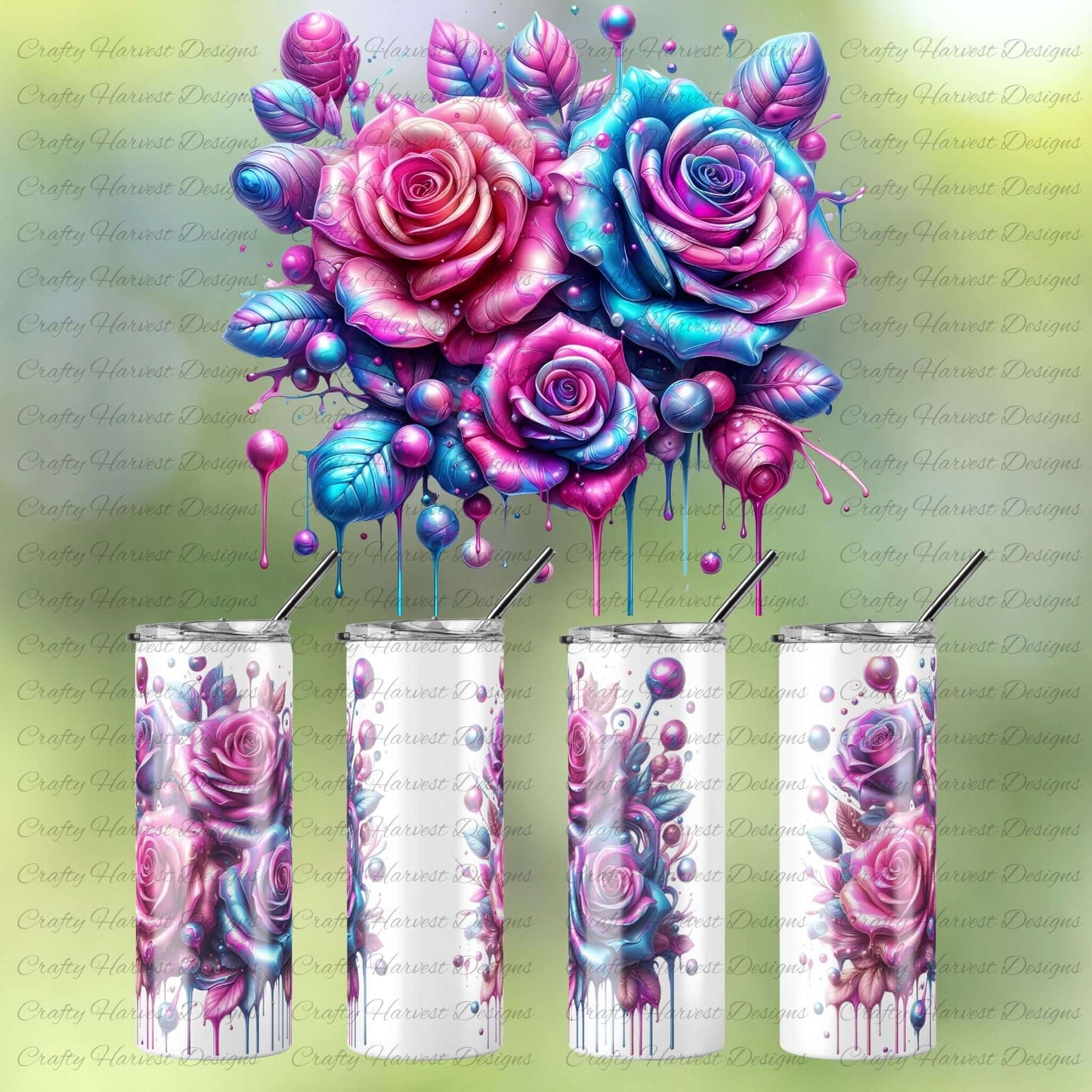 Colorful rose design tumbler set with a vibrant flower arrangement above them on a green background.