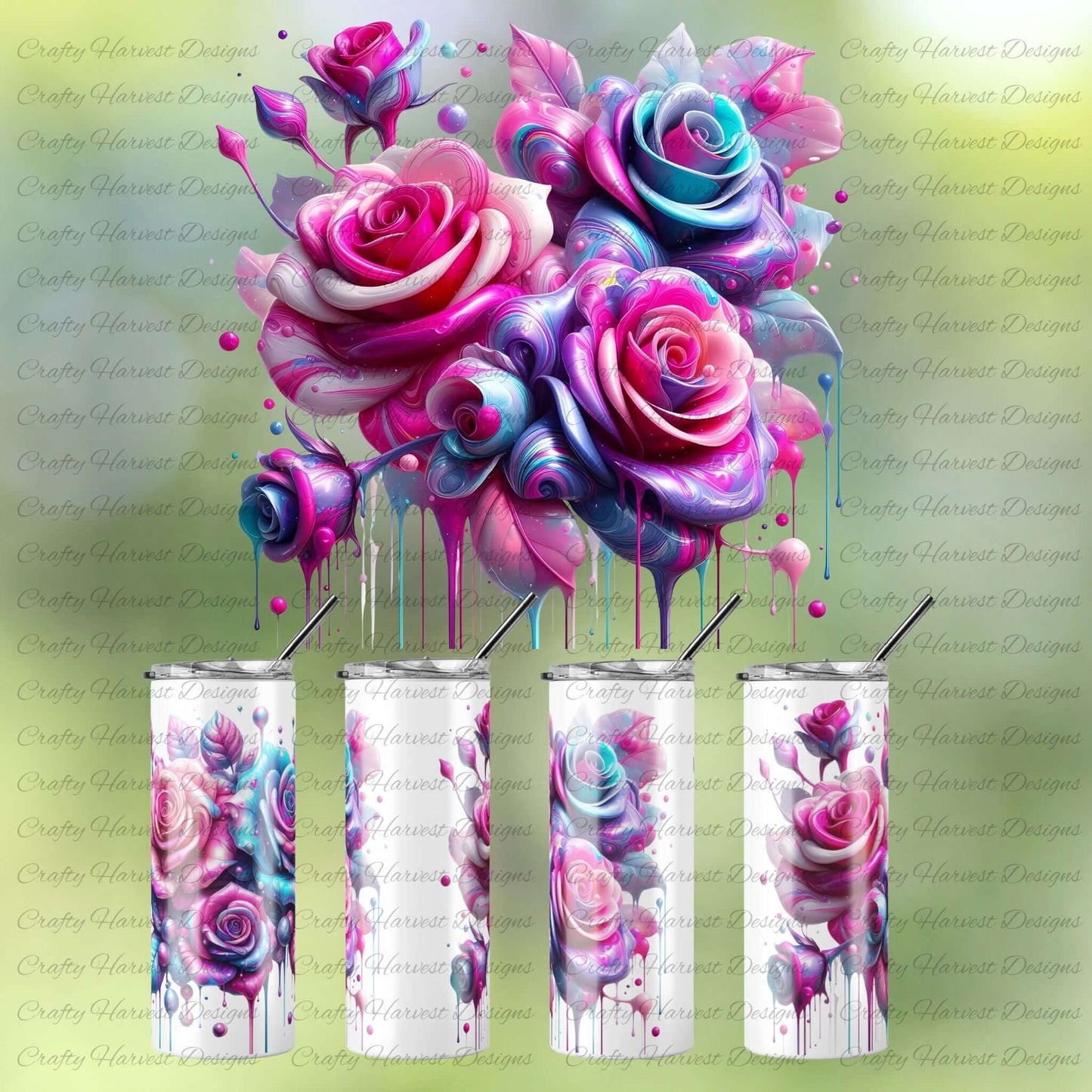 Colorful rose designs on tumblers with a green background