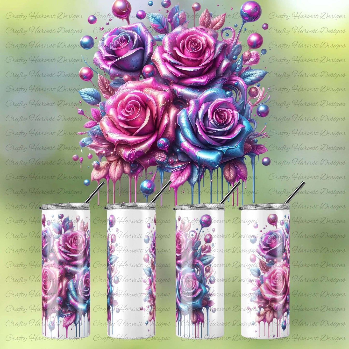 Set of four tumblers with colorful rose design on a green background