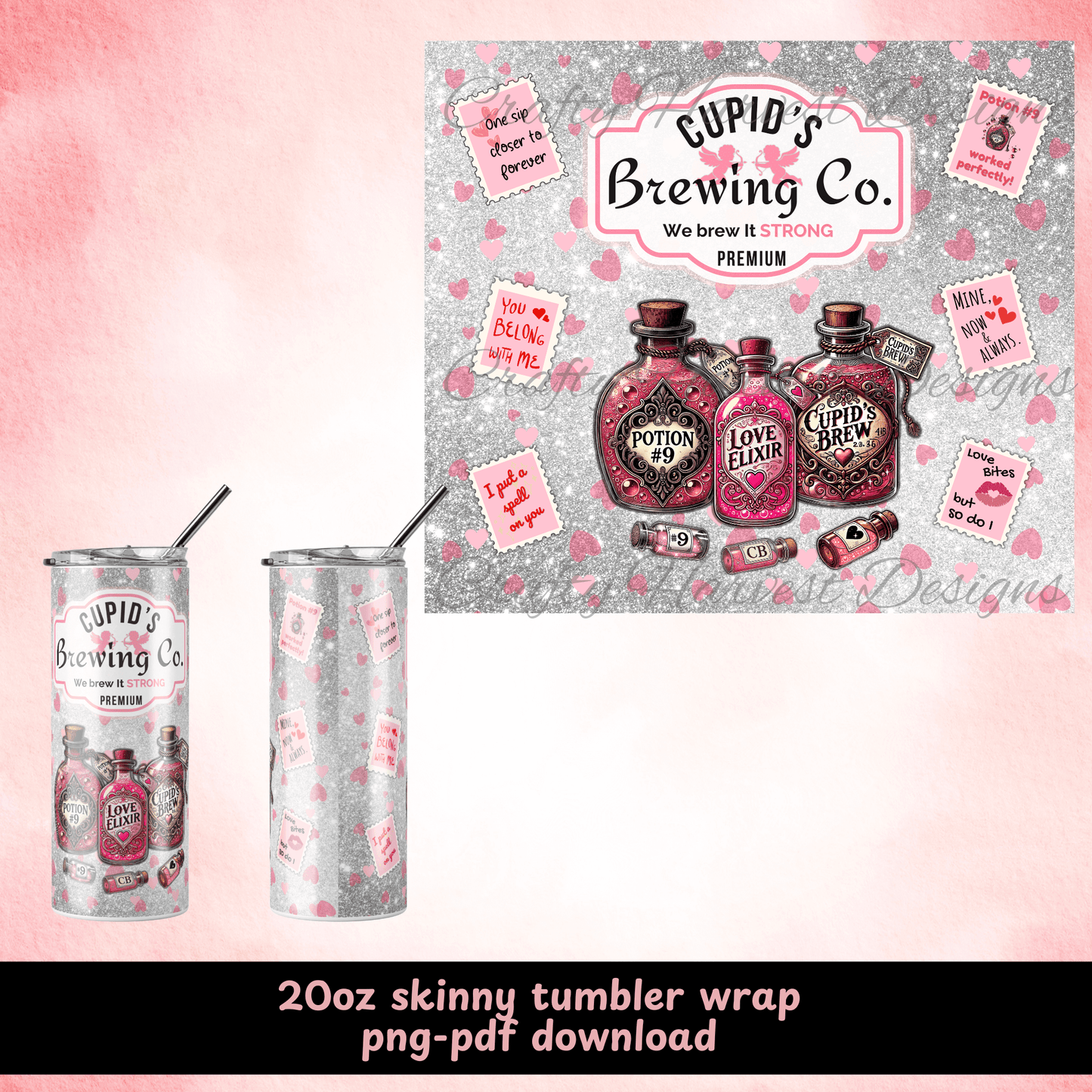20oz Skinny Tumbler Wrap - Valentine’s Day Cupid’s Brewing Co. Design (PNG & PDF Download) - Crafty Harvest Designs