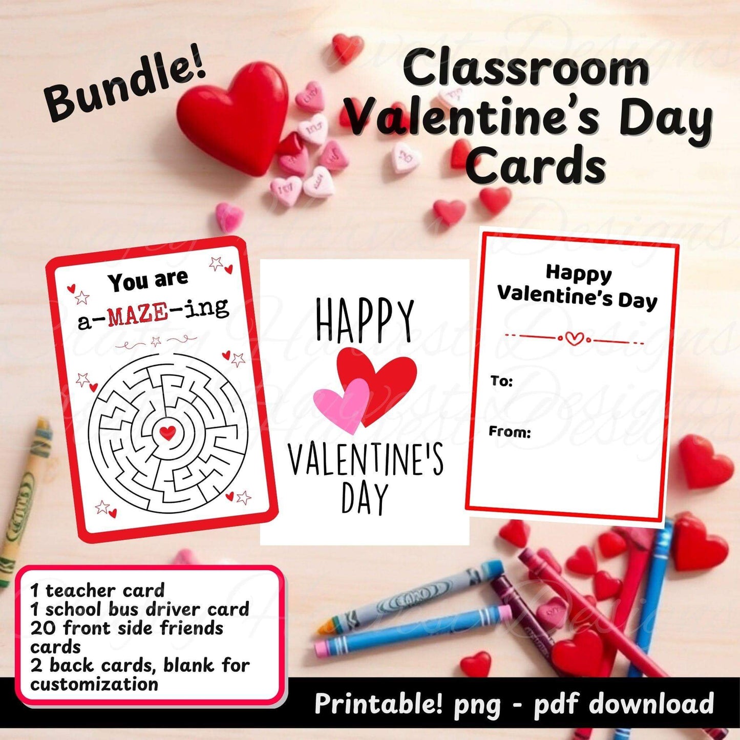 Classroom Valentine’s Day Cards - Printable Bundle (PDF & PNG) - Crafty Harvest Designs
