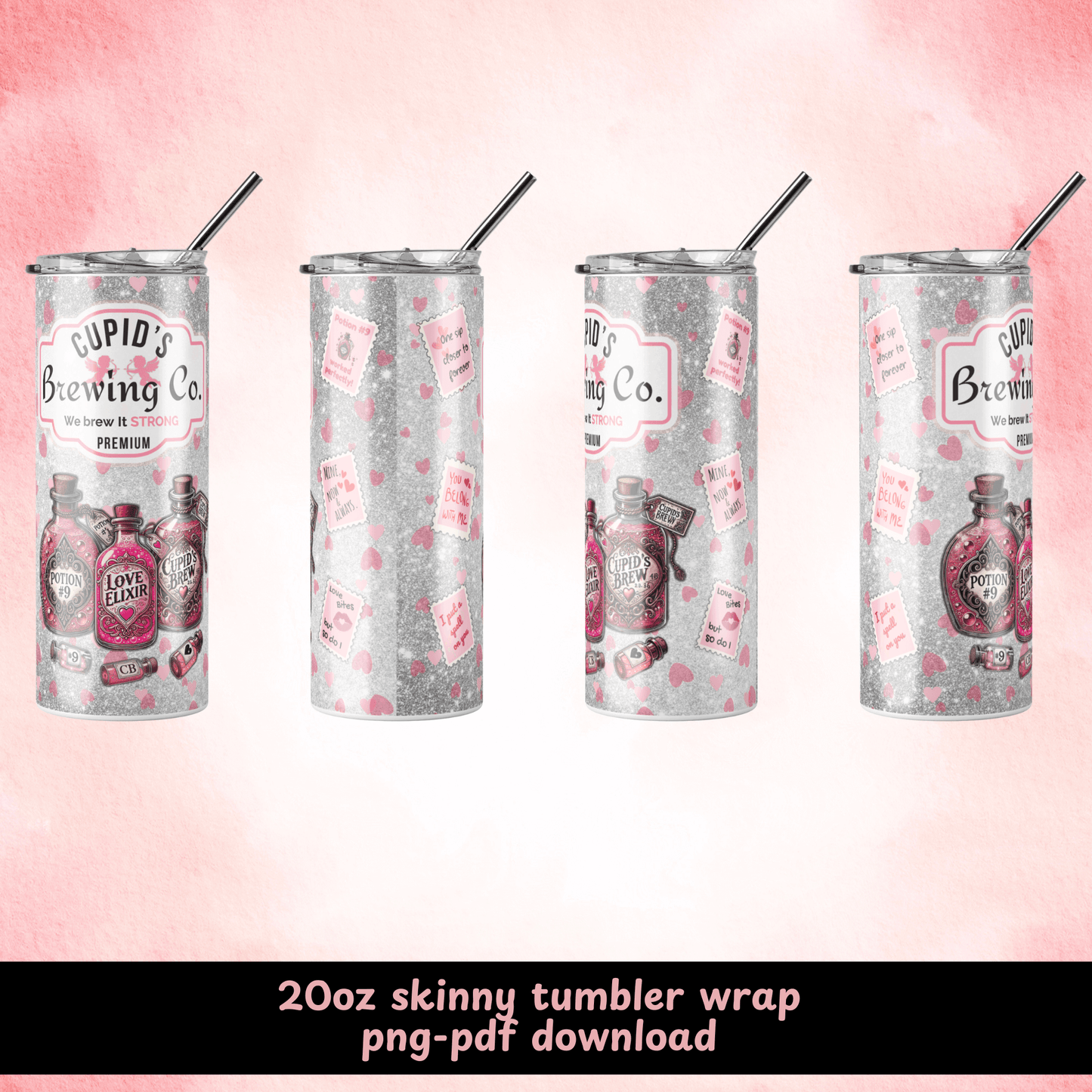 20oz Skinny Tumbler Wrap - Valentine’s Day Cupid’s Brewing Co. Design (PNG & PDF Download) - Crafty Harvest Designs