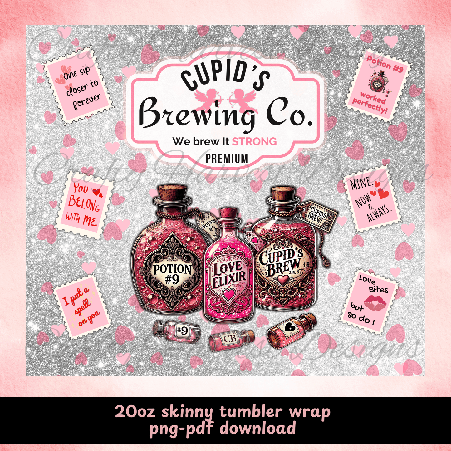 20oz Skinny Tumbler Wrap - Valentine’s Day Cupid’s Brewing Co. Design (PNG & PDF Download) - Crafty Harvest Designs