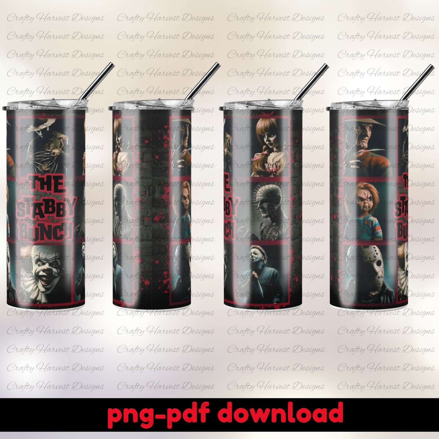 Four tumblers with horror movie character designs on a white background, featuring 'The Slaughterhouse-100' branding.