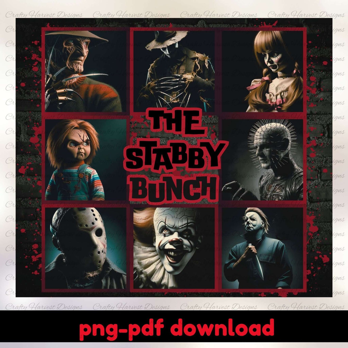 Collage of horror movie characters with 'The Stabby Bunch' text and download options.