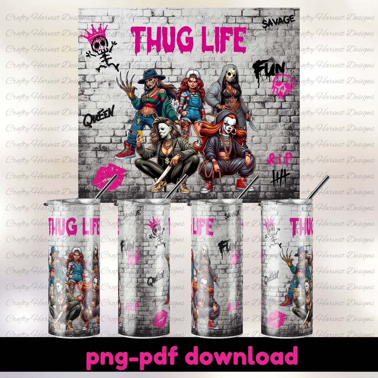Thug Life 20oz Skinny Tumbler Wrap – Slasher Girls PNG PDF