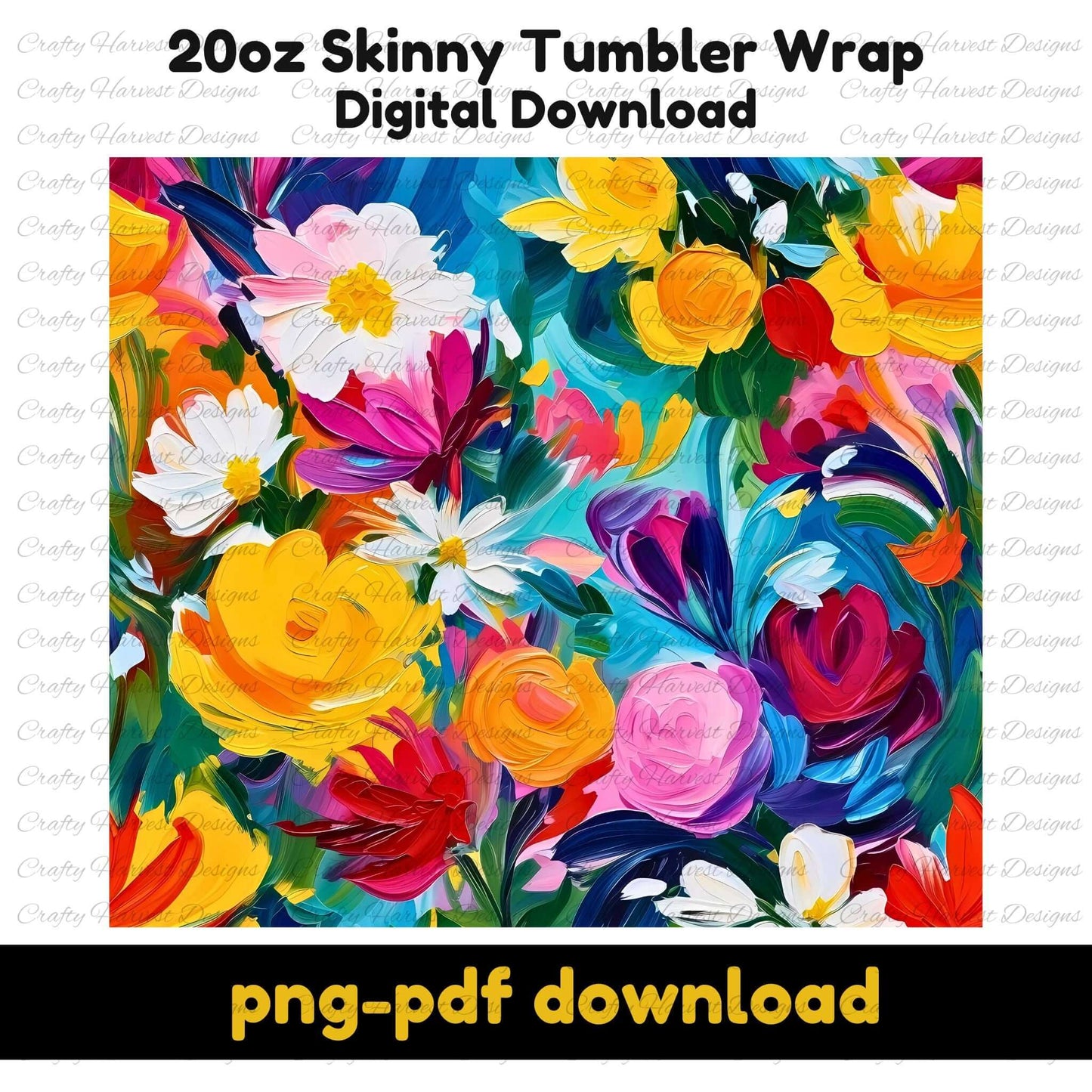Bold and vibrant watercolor floral tumbler wrap for 20oz skinny tumblers. This digital download features colorful flowers in shades of pink, yellow, blue, and red, perfect for sublimation. Includes PNG and PDF files.