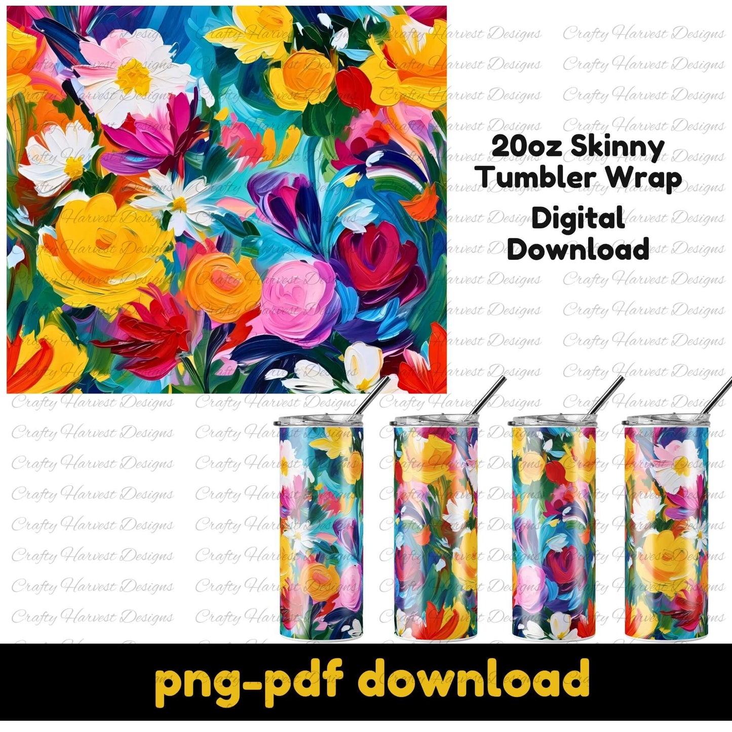 Bold and vibrant watercolor floral tumbler wrap for 20oz skinny tumblers. This digital download features colorful flowers in shades of pink, yellow, blue, and red, perfect for sublimation. Includes PNG and PDF files.