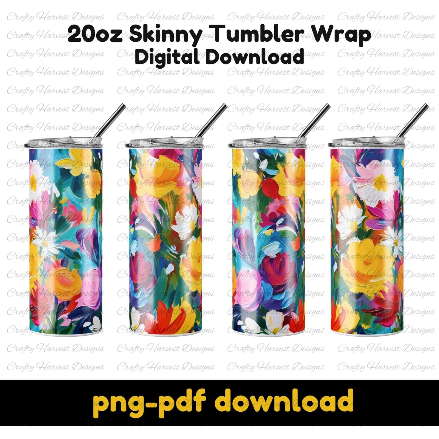 Bold and colorful watercolor floral tumbler wrap for 20oz skinny tumblers. This digital download features vibrant flowers in pink, yellow, blue, and red, perfect for sublimation. Includes PNG and PDF files.