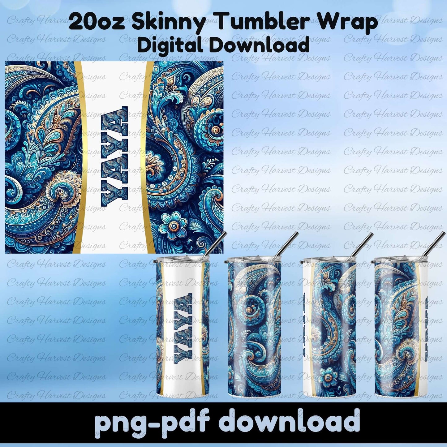 Blue paisley Aunt tumbler wrap, 20oz skinny sublimation design