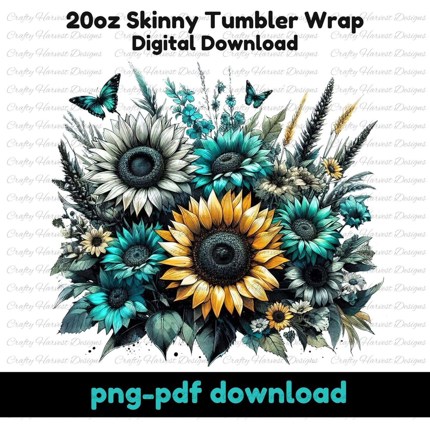 Teal and gold sunflower tumbler wrap featuring a vibrant floral design with butterflies. Digital download for 20oz skinny tumblers, available in PNG and PDF formats. Perfect for sublimation projects and handmade tumbler creations.