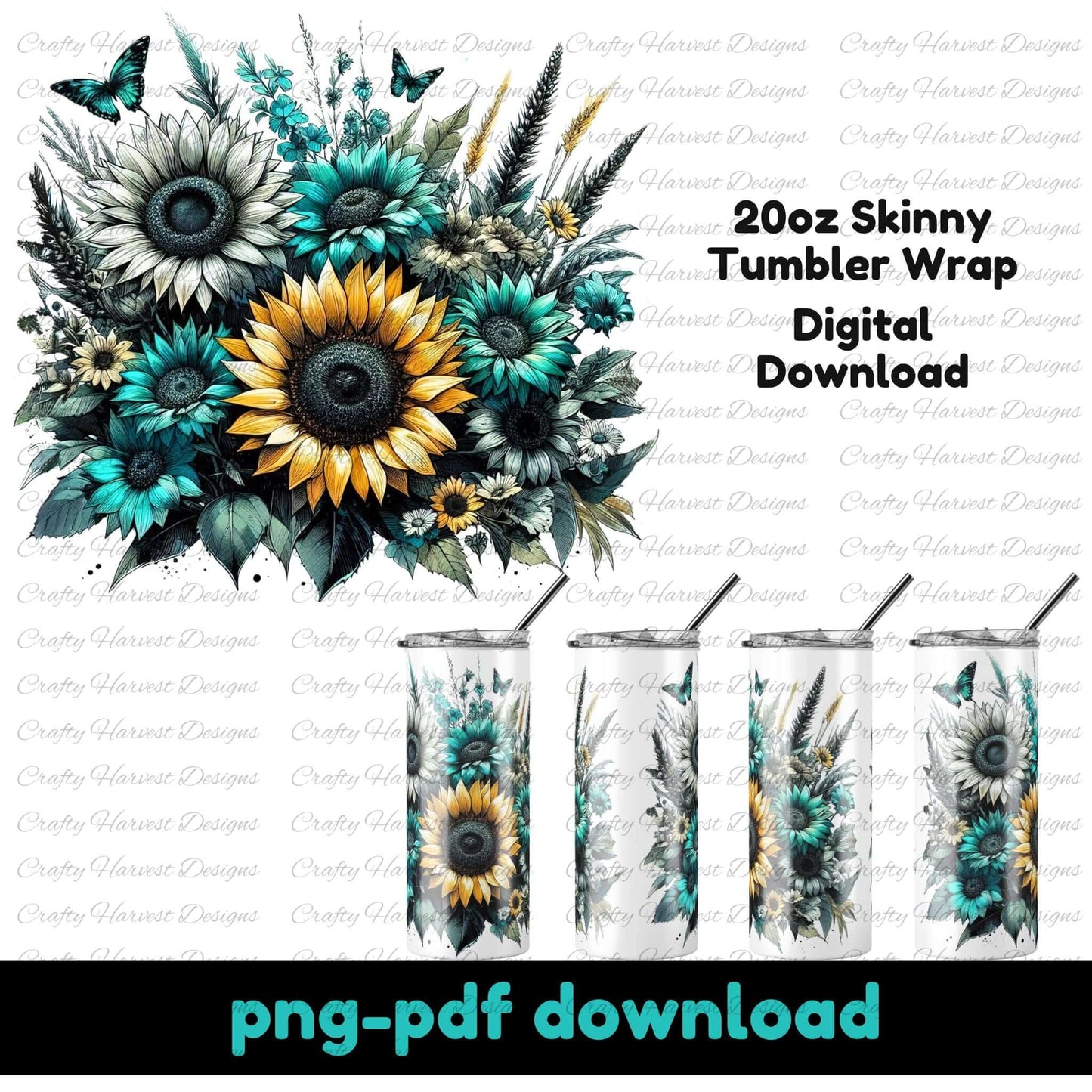 Teal and gold sunflower tumbler wrap featuring a vibrant floral design with butterflies. Digital download for 20oz skinny tumblers, available in PNG and PDF formats. Perfect for sublimation projects and handmade tumbler creations.